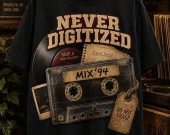 PNG nunca digitalizado, PNG de hip hop vintage, diseño de camiseta de rap de la vieja escuela, gráfico de cinta de casete de los 90, descarga de PNG de música retro