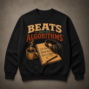 May include: A black crewneck sweatshirt featuring a graphic print with the text BEATS BEFORE ALGORITHMS. The design includes a steaming mug, a spiral-bound notebook with the text LATE NIGHTS. BROKEN BEATS. BUILT A DREAM., a pencil, and headphones.