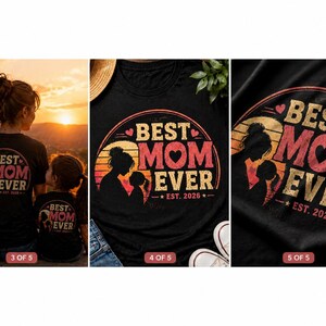 K&ouml;nnte beinhalten: Schwarze T-Shirts mit einem grafischen Design, das "Best Mom Ever" in einem kreisf&ouml;rmigen Design mit einer Mutter-Kind-Silhouette zeigt. Das Design enth&auml;lt den Text "Est. 2026" in Rot-, Orange- und Gelbt&ouml;nen.