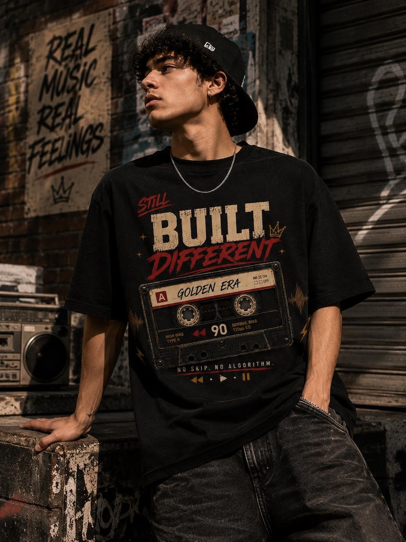 May include: Black graphic t-shirt with the text "STILL BUILT DIFFERENT" and a cassette tape design. The shirt features the words "GOLDEN ERA" and "90". The person is wearing a black baseball cap and a silver chain.