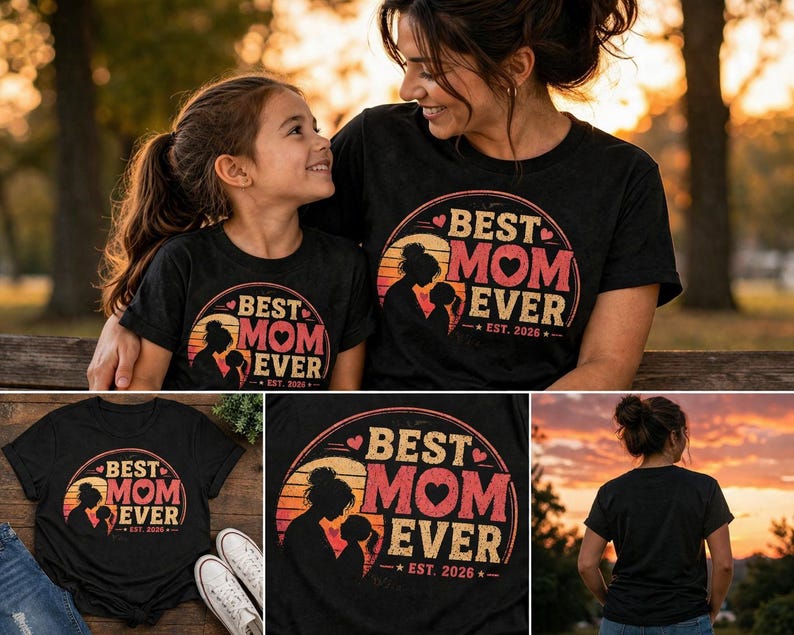 K&ouml;nnte beinhalten: Schwarze T-Shirts mit einem kreisf&ouml;rmigen Aufdruck &bdquo;BEST MOM EVER&ldquo; in Rosa und Wei&szlig;, mit einer Silhouette von Mutter und Kind. Der Text &bdquo;EST. 2026&ldquo; ist ebenfalls enthalten. Die Shirts werden von einer Mutter und ihrer Tochter getragen.