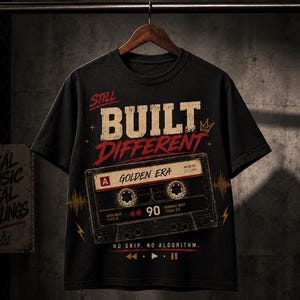 May include: Black t-shirt with the text "STILL BUILT DIFFERENT" in red and beige. A cassette tape graphic with "GOLDEN ERA" and "90" is featured. The shirt has a vintage, distressed look, and the words "NO SKIP. NO ALGORITHM." are printed below the cassette.