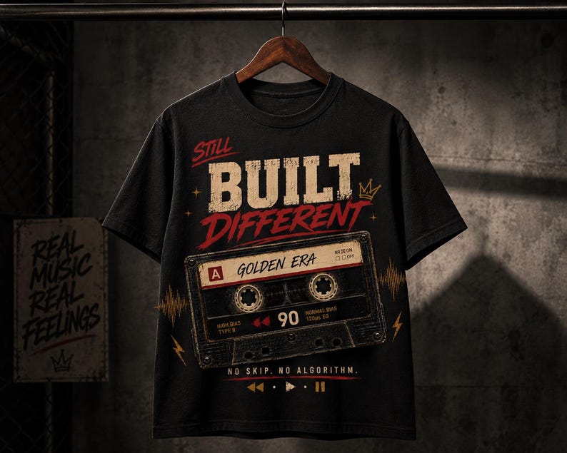 May include: Black t-shirt with the text "STILL BUILT DIFFERENT" in red and beige. A cassette tape graphic with "GOLDEN ERA" and "90" is featured. The shirt has a vintage, distressed look, and the words "NO SKIP. NO ALGORITHM." are printed below the cassette.