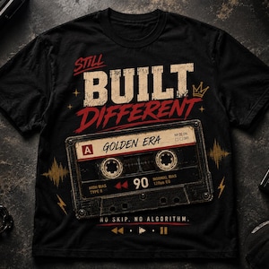 Könnte beinhalten: Schwarzes T-Shirt mit dem Text "STILL BUILT DIFFERENT" und einer Grafik einer Kassette mit der Aufschrift "GOLDEN ERA". Die Kassette hat die Zahl "90" und den Text "NO SKIP. NO ALGORITHM."
