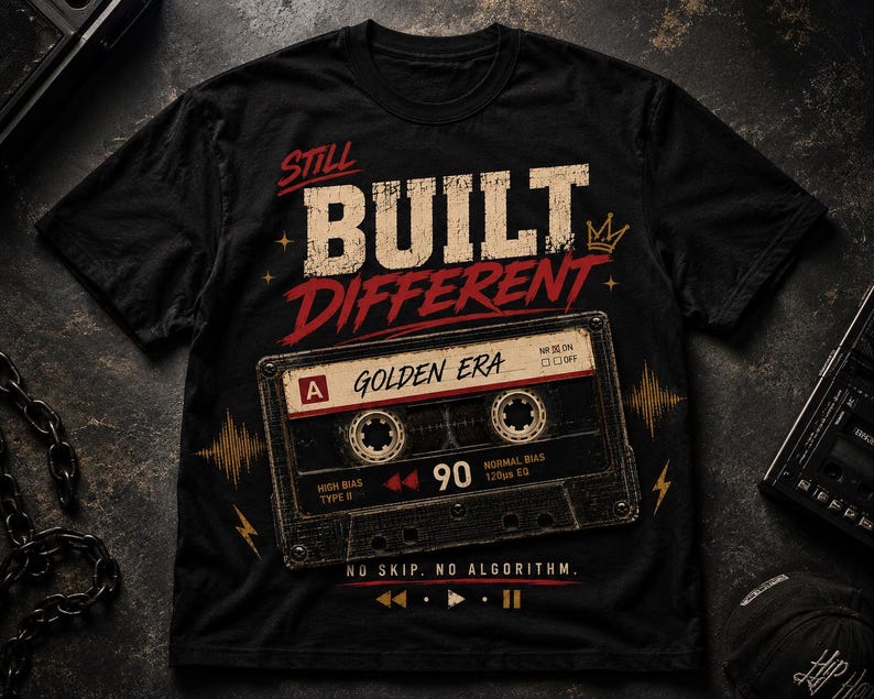 May include: Black t-shirt with the text "STILL BUILT DIFFERENT" and a graphic of a cassette tape labeled "GOLDEN ERA". The cassette tape has the number "90" on it, and the text "NO SKIP. NO ALGORITHM."