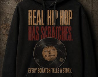 El verdadero hip hop tiene arañazos PNG / Diseño de camiseta de hip hop vintage / Disco de vinilo de DJ PNG / Gráfico de rap de los 90 / Sublimación de música retro DTF