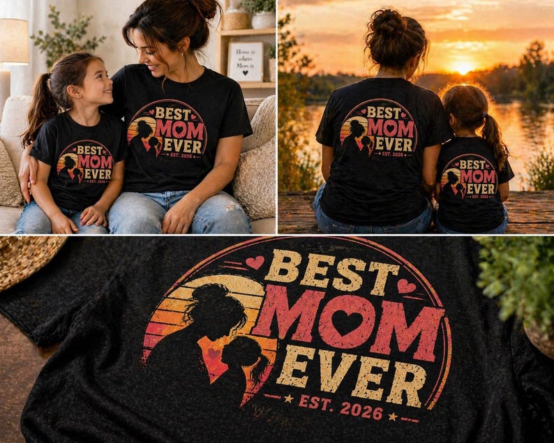 K&ouml;nnte beinhalten: Schwarze T-Shirts mit dem Aufdruck "BEST MOM EVER" in Orange und Rot, mit einer Silhouette von Mutter und Kind. Der Text "EST. 2026" ist ebenfalls enthalten. Die Shirts werden von einer Mutter und ihrer Tochter getragen. Das Design ist kreisf&ouml;rmig.