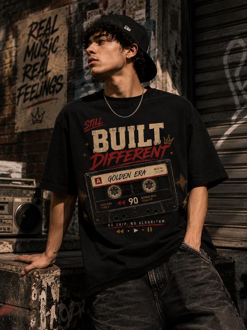 May include: Black graphic t-shirt with the text "STILL BUILT DIFFERENT" and a cassette tape design. The shirt features the words "GOLDEN ERA" and "90". The person is wearing a black baseball cap and a silver chain.