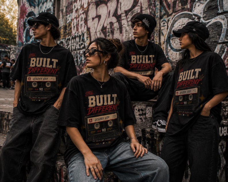 May include: Four people wearing black t-shirts with the text "BUILT DIFFERENT" and a cassette tape graphic. The shirts are paired with jeans and accessories like hats and sunglasses. The background features graffiti art.