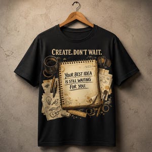 May include: A black short-sleeve t-shirt featuring a graphic print of a spiral-bound notebook with the text "CREATE. DON'T WAIT." and "YOUR BEST IDEA IS STILL WAITING FOR YOU." surrounded by sketches, a coffee mug, pencils, and a ruler.