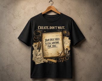 Crea una imagen PNG con la frase "No esperes", una cita vintage de un creador, "Tu mejor idea aún te espera", un diseño motivacional para camisetas y una imagen PNG para uso comercial.
