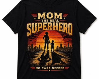 Mama das echte Superhelden-Shirt, kein Umhang erforderlich, Super Mom Vintage Sunset Shirt, passendes Mama und Sohn Outfit, Muttertagsgeschenk