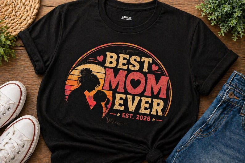 K&ouml;nnte beinhalten: Schwarzes T-Shirt mit einem kreisf&ouml;rmigen Aufdruck &bdquo;BEST MOM EVER&ldquo; in Rot und Beige, mit einer Silhouette von Mutter und Kind. Der Text &bdquo;EST. 2026&ldquo; steht darunter. Das Shirt wird mit blauen Jeans und wei&szlig;en Turnschuhen kombiniert.