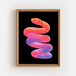 Puede incluir: Ilustración de una serpiente enroscada en un marco de madera. La serpiente presenta un degradado de colores de naranja a rosa y morado sobre un fondo negro. Ideal para la decoración de paredes.