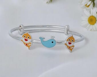 Fish Charm Bangle 925 Sterling Silver, Adjustable For Newborn to 8 Years, Boys Girls Birthday Gift, Queen Fish Silvaay