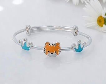Tiger Crown Charm Bangle 925 Sterling Silver, Adjustable Newborn to 8 Years, Boys Girls Birthday Gift, Silvaay