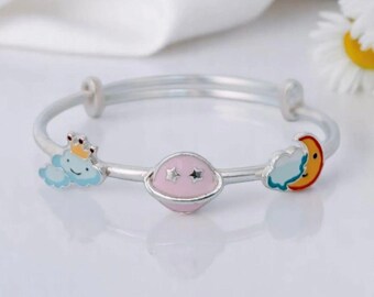 Planet Charm Bangle 925 Sterling Silver, Adjustable Newborn to 8 Years, Unisex Birthday Gift, Little Planets Silvaay