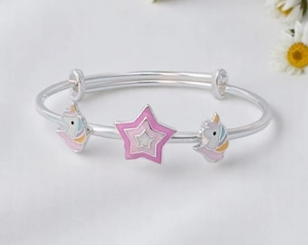 Unicorn Charm Bangle 925 Sterling Silver, Adjustable Silver Bangle Newborn to 8 Years, Girls Birthday Gift, Silvaay