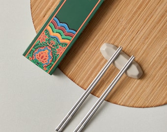 Palillos planos coreanos plateados brillantes – Acero inoxidable – Empaque ideal para regalo Dancheong