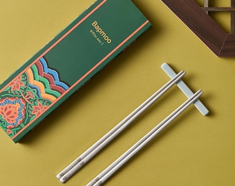 Palillos planos coreanos plateados mate – Acero inoxidable – Empaque Dancheong ideal para regalo