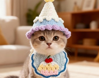 May include: A tabby cat wearing a handmade crochet hat and bib. The hat is white, blue, and purple, topped with a yellow star. The bib features a cupcake design with a red cherry. The cat is sitting on a light-colored rug.