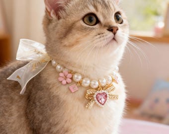 Pearl Cat Necklace , Elegant Kitten Collar with Bow & Flower, Pet Jewelry Accessory for Cat