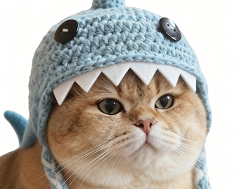 Cappello per gatti a forma di squalo, accessorio per animali domestici all'uncinetto, divertente vestitino per animali.