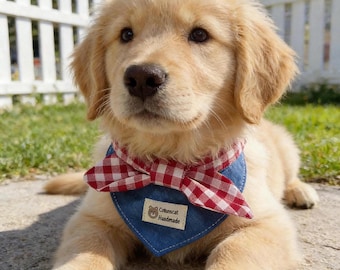 Denim Dog Bandana with Checkered Bow, Adjustable Snap Buttons, Preppy Puppy Neckwear Collar
