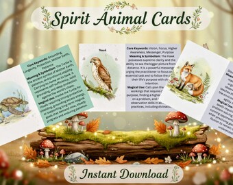 May include: Spirit Animal Cards featuring watercolor illustrations of a turtle, hawk, and fox. Each card includes keywords, meanings, and magical uses. The cards are set on a wooden log with mushrooms and autumn leaves.