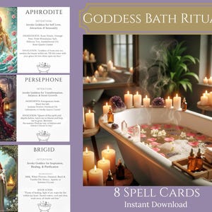 Puede incluir: Tarjetas de hechizos de Rituales de Baño de Diosas con ilustraciones de diosas y escenas de baño. Las tarjetas incluyen intenciones, ingredientes e invocaciones. La imagen también muestra una bañera con velas y aceites esenciales.