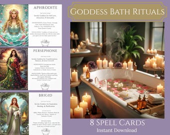 Goddess Bath Ritual Cards | 8 Spell Recipes |Grimoire Pages | Book of Shadows Pages | Brigid, Persephone, Hecate | Printable Spells