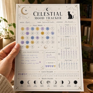 May include: A printed Celestial Mood Tracker sheet featuring a calendar with numbered circles, sections for sleep, energy, anxiety, and self-care tracking, a notes area, a song of the month box, a gratitude section, a cycle tracker, and moon phases.