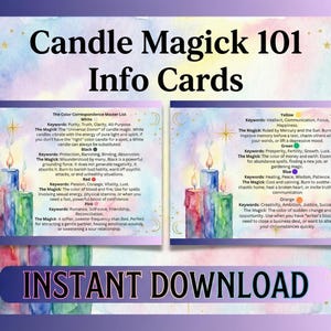 May include: Two info cards with the text "Candle Magick 101 Info Cards" and "Instant Download." The cards feature colorful candles and text detailing color correspondences for spells, including white, black, red, pink, yellow, green, blue, and orange.