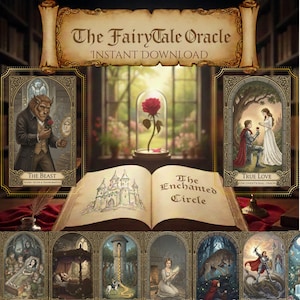 Può includere: Download istantaneo di The Fairy Tale Oracle. L'immagine presenta un libro aperto con le parole "The Enchanted Circle" e diverse carte dei tarocchi con illustrazioni di fiabe. Una rosa rossa è racchiusa in una cupola di vetro.