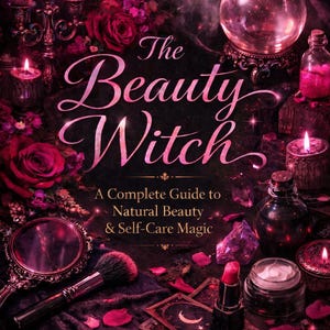 Puede incluir: Portada del libro "The Beauty Witch", una guía de belleza natural y autocuidado. La imagen presenta velas, rosas, una bola de cristal y productos de belleza. El texto "Instant Download" está en la parte inferior.