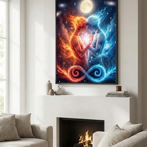 Arte mural de llamas gemelas (descarga digital) / Póster imprimible de alta resolución de 18 x 24 / Impresión de conexión espiritual de almas gemelas / Decoración mística para el hogar