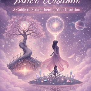 May include: Digital art book cover titled "Awakening Your Inner Wisdom." The image features a woman in a flowing pink dress, a tree with a spiral staircase, and a celestial background with planets and stars. The text "A Guide to Strengthening Your Intuition" is also present.