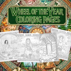 Årets hjul målarbilder set med 30, hednisk målarbok för vuxna, wicca digital nedladdning, Samhain Beltane Ostara Yule, gråskala