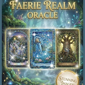 Pode incluir: Baralho de oráculo Faerie Realm com três cartas ilustradas: "The Sidhe - Mystery", "The Naiad - Flow" e "The Elder - Wisdom". A imagem apresenta um fundo de floresta mística com o texto "Instant Download" e "Stunning Images!"