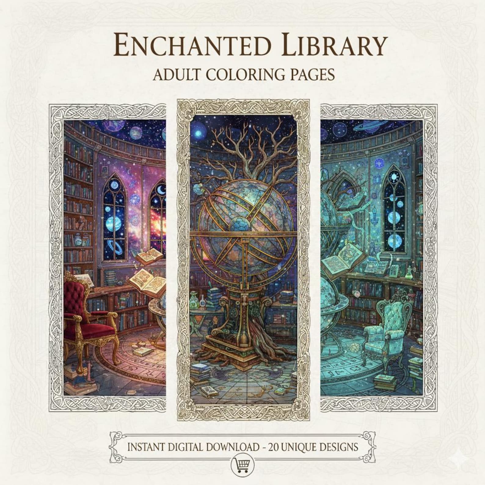 Enchanted Library Coloring Pages Set of 20 | Adult Fantasy Coloring ...