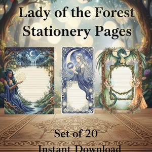 May include: A set of 20 "Lady of the Forest Stationery Pages" with fantasy art. The pages feature illustrations of women, dragons, and celestial elements. The stationery is designed with lined pages for writing and is available as an instant download.