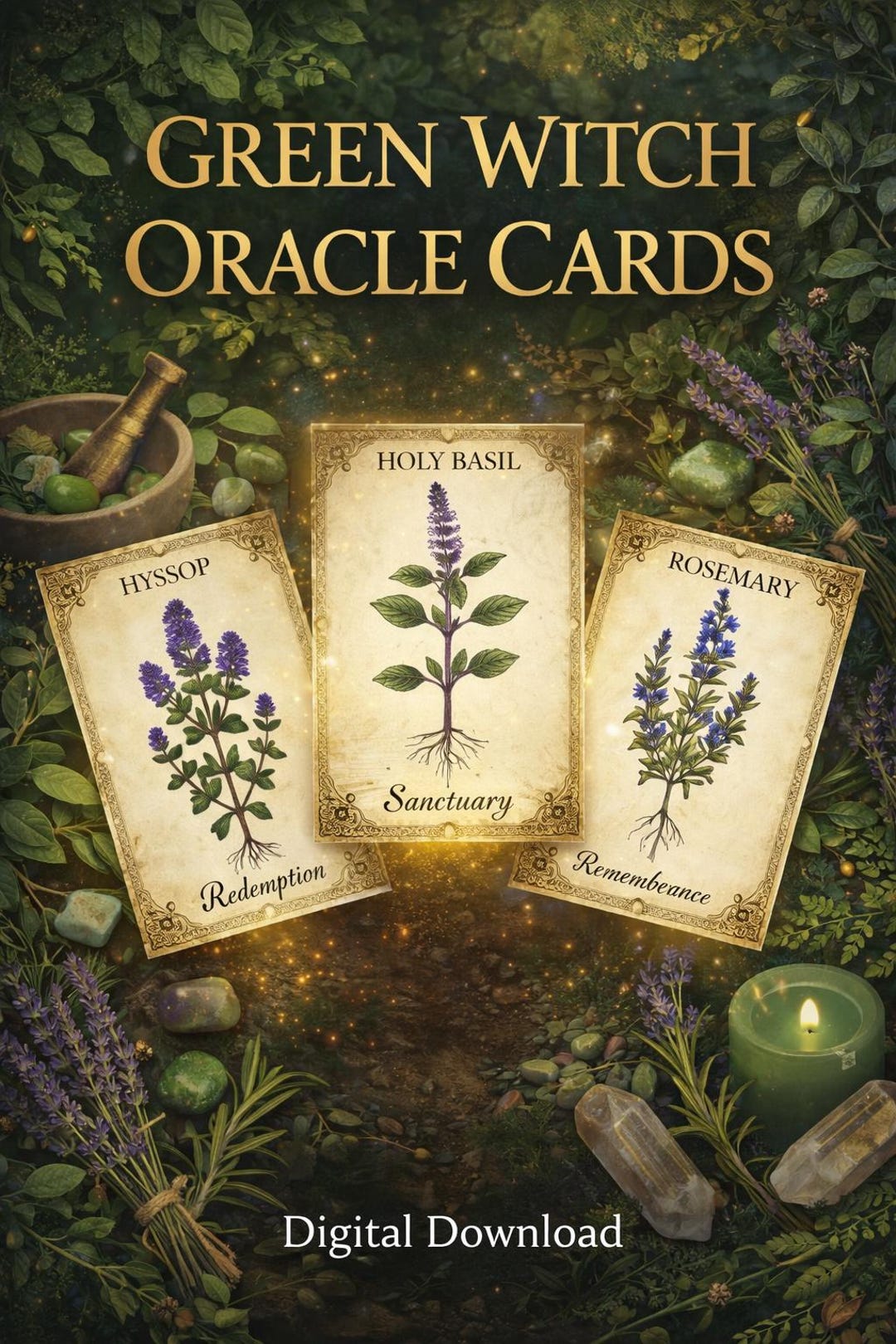 Green Witch Oracle Deck Set of 32 Printable Kitchen Witch