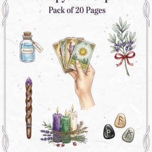 以下が含まれることがあります： 水彩画の神秘的なクリップアート。タロットカード、ポーションボトル、杖、キャンドル、ルーン、ベリーの小枝が含まれています。「Methapysical Clip Art, Pack of 20 Pages」と「Instant Download」のテキスト。