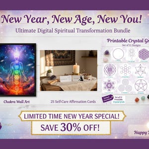Könnte beinhalten: Digitales spirituelles Transformationspaket mit Chakra-Wandkunst, Affirmationskarten und druckbaren Kristallgittern. Das Bild zeigt einen gerahmten Chakra-Kunstdruck, Karten, Kristalle und geometrische Designs. Der Text enthält "Neues Jahr, neues Zeitalter, neues Du!" und "30 % Rabatt!"