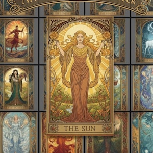 May include: An Art Nouveau Oracle Deck with the title "Art Nouveau Oracle Deck" at the top. The central card is "The Sun." The deck features Art Nouveau illustrations in gold, brown, and yellow. The cards depict figures and scenes with detailed borders.