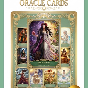 Op de afbeelding: Een set "Goddess Guidance Oracle Cards" met een teal en gouden frame. De centrale kaart toont Persephone, omringd door andere godinnenkaarten. De woorden "Instant Download!" staan op een gouden cirkel rechtsonder.