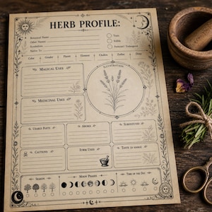 May include: A tan paper herb profile template featuring black ink illustrations of a sun, moon, and lavender. The form includes sections for botanical name, magical and medicinal uses, aroma, and moon phases, with decorative floral borders.