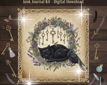 30 Mystic Cat Junk Journal Pages | Vintage Digital Scrapbook Paper | Witchcore Ephemera Kit | Printable Cottagecore Cat Collage Sheet