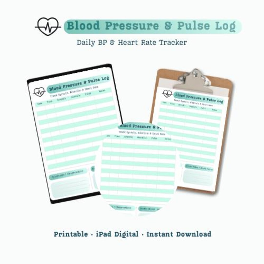 Blood Pressure & Pulse Log Printable | Daily BP Tracker | Hypertension ...
