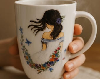 Handmålad - Blommig kvinnamugg - Romantisk kaffemugg - Alla hjärtans dag-present till henne